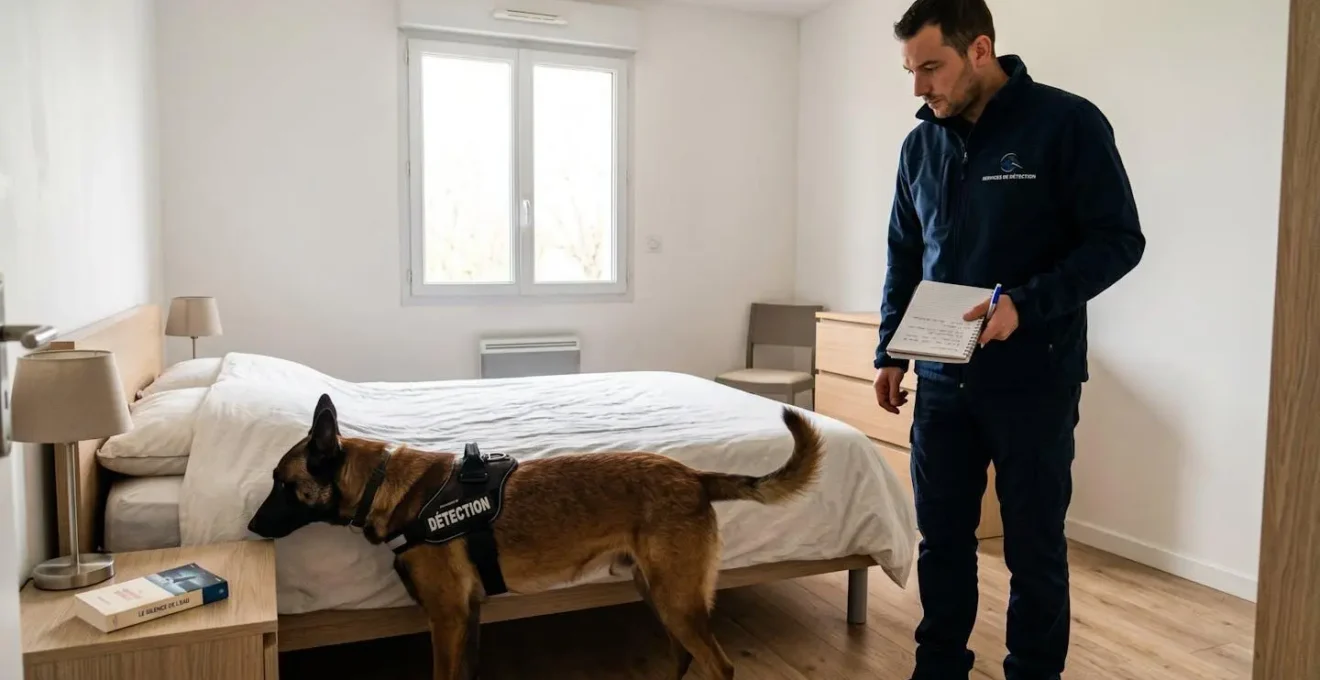 Chien détecteur en harnais professionnel reniflant la zone du sommier d'un lit pendant qu'un maître-chien observe et prend des notes