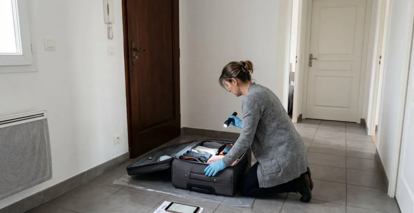 Personne inspectant méthodiquement l'intérieur d'une valise de voyage dans l'entrée d'un appartement avec lampe torche et gants jetables, porte de chambre fermée en arrière-plan
