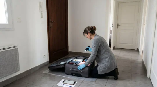 Personne inspectant méthodiquement l'intérieur d'une valise de voyage dans l'entrée d'un appartement avec lampe torche et gants jetables, porte de chambre fermée en arrière-plan