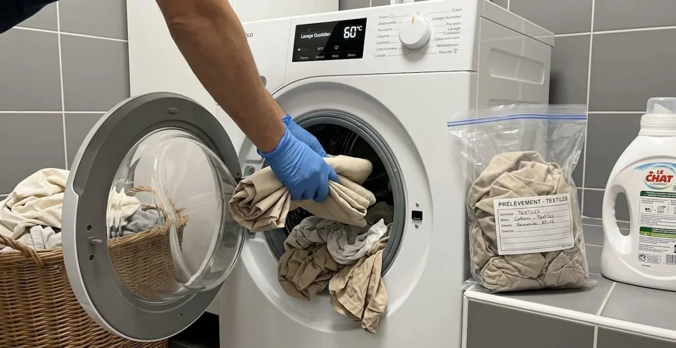 Mains gantées chargeant du linge dans une machine à laver dont l'affichage indique 60°C, sac hermétique scellé visible à proximité